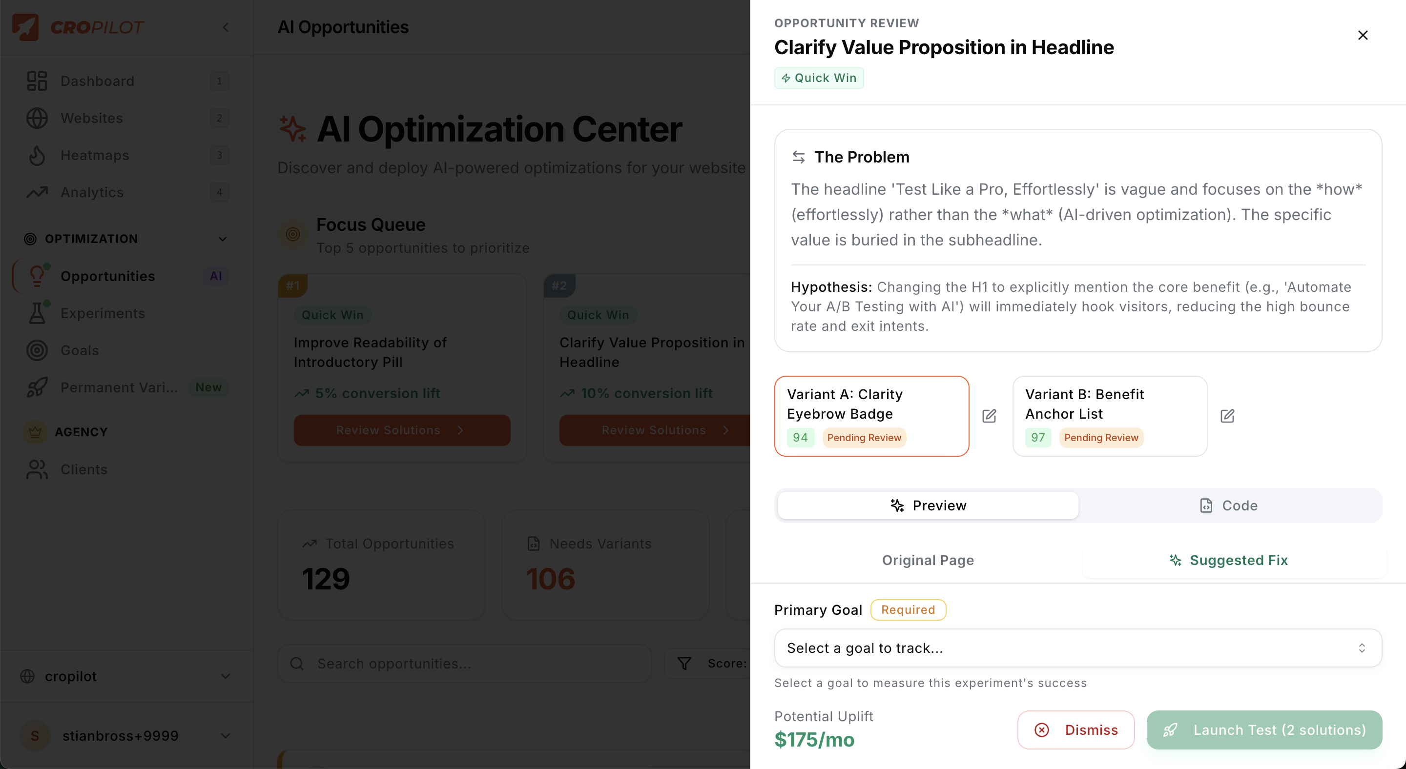 AI-powered optimization suggestions with one-click A/B test launch