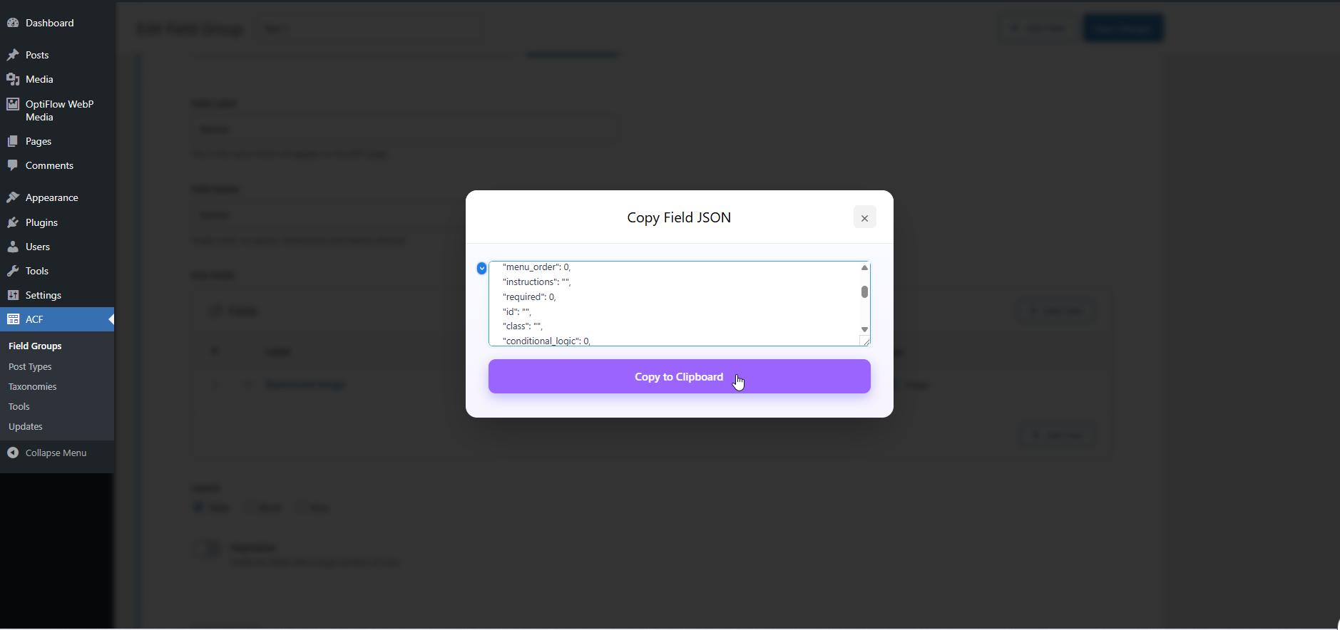 JSON popup for copying