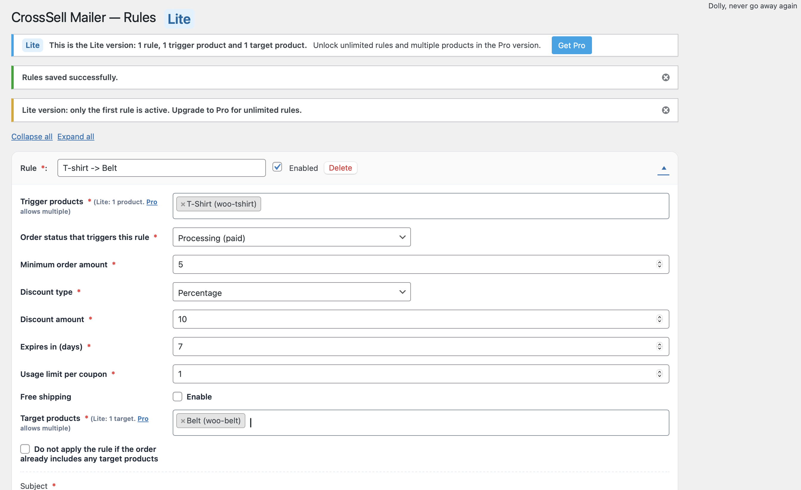 Creating a rule with trigger and target product selection.