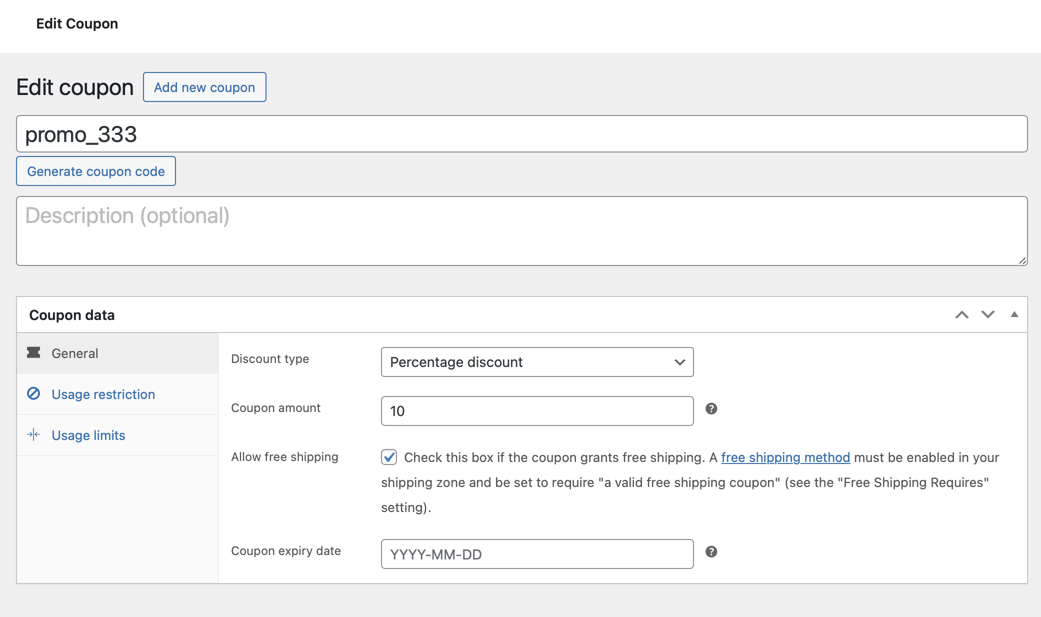 Coupon general settings of the automatic WooCommerce coupon created from the rule.