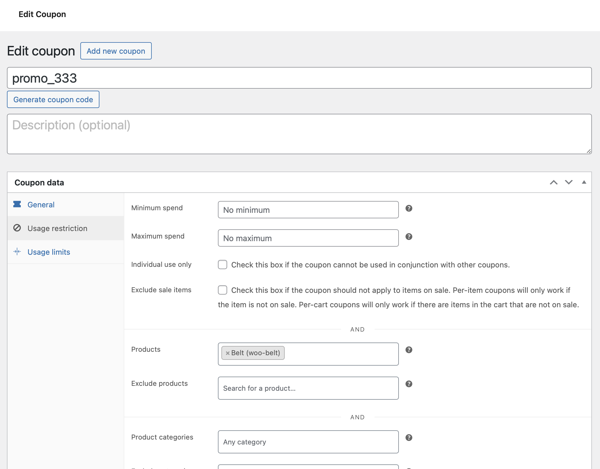 Coupon restrictions of the automatic WooCommerce coupon created from the rule.