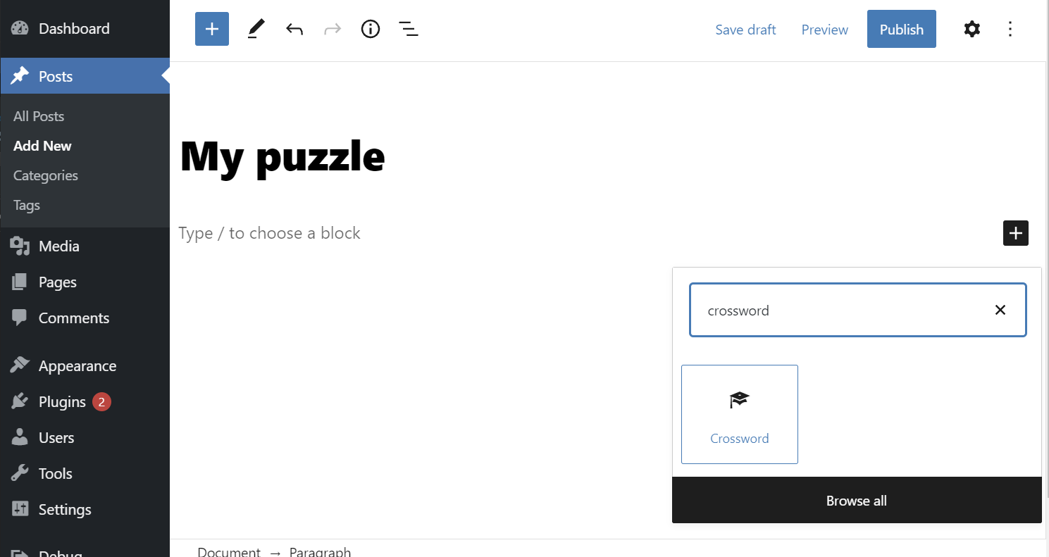 Select the Crosssword block to insert a puzzle