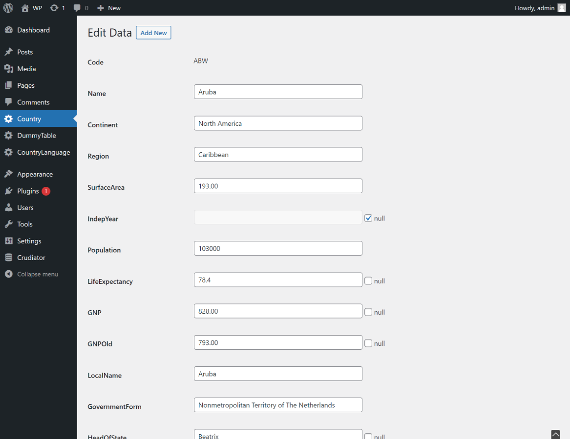 Data creation and editing forms are generated automatically.