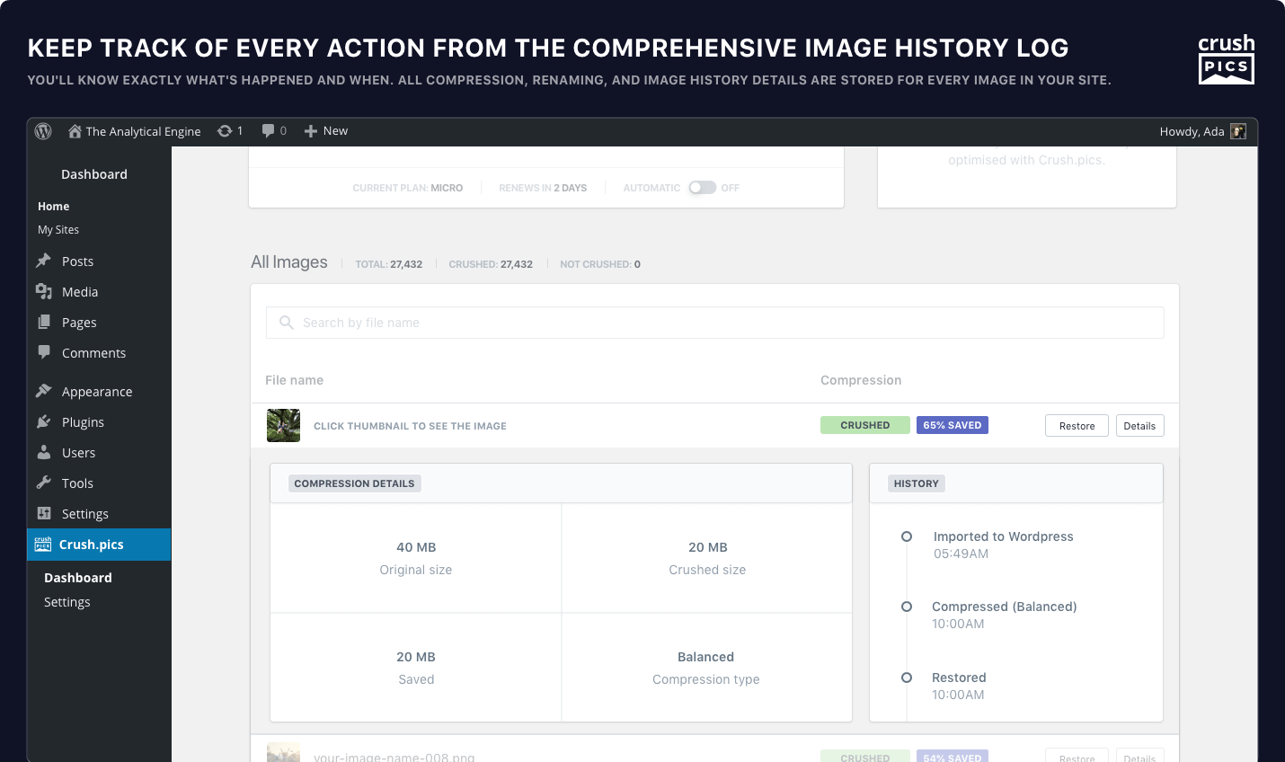 Keep track of every action from the comprehensive image history log