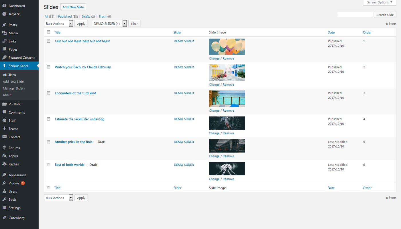 Dashboard - manage slides overview