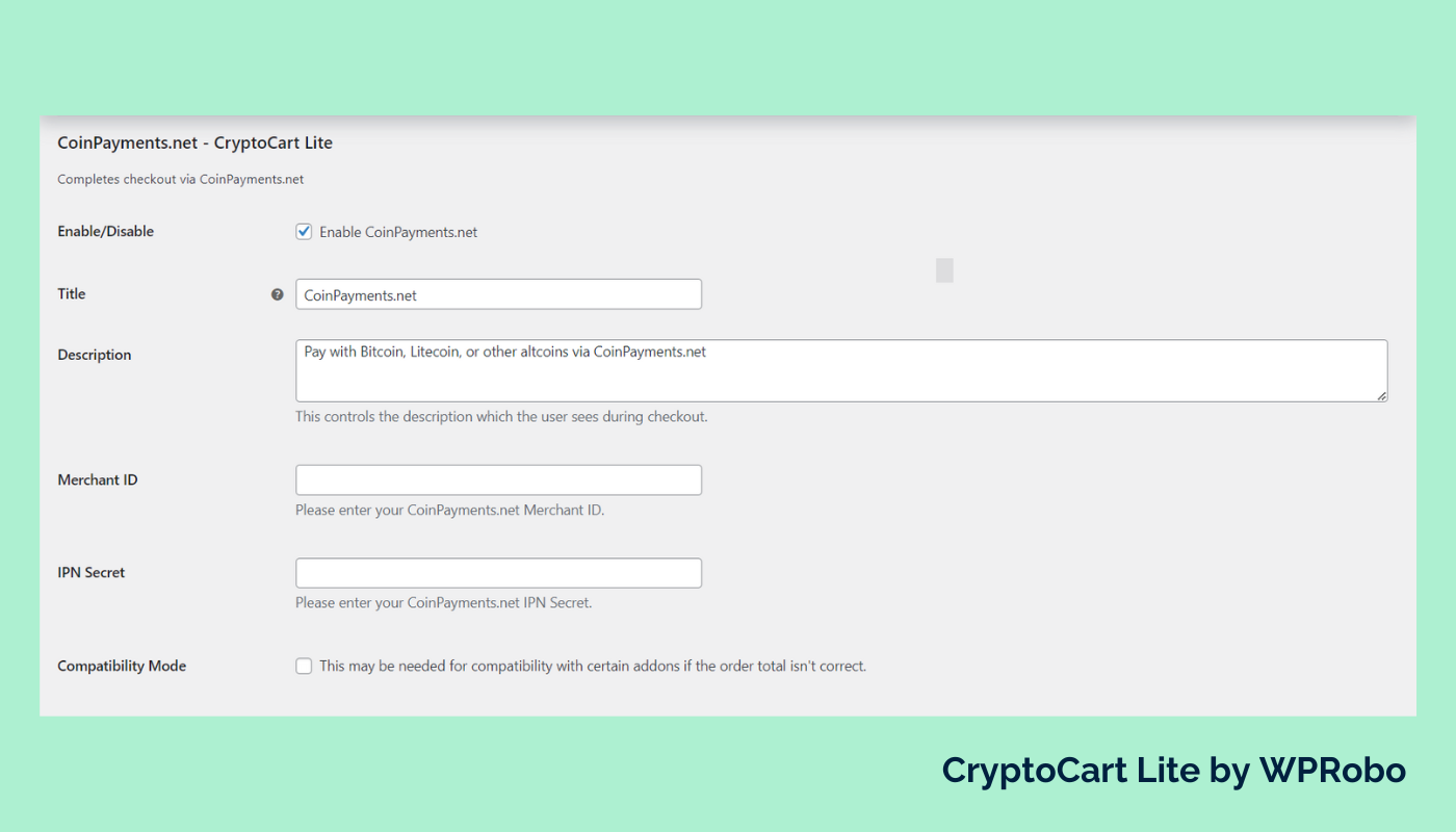 Screenshot 2: CoinPayments.net - CryptoCart Lite settings in WooCommerce.