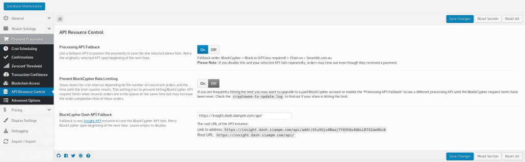 This is the address list page in wp-admin where you can customize your Cryptocurrency addresses and specify email alerts.