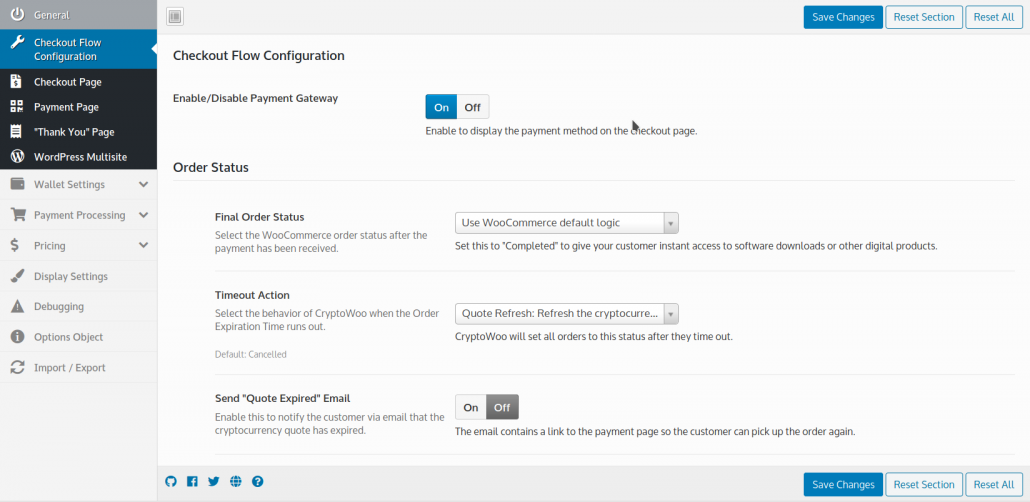 This is the advanced settings of the Payment Processing section with settings such as show/hide countdown, order expiration configuration and underpayment settings.