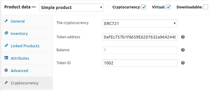 The ERC20 token product settings
