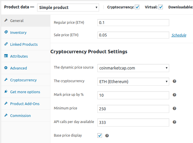 The Bitcoin product settings