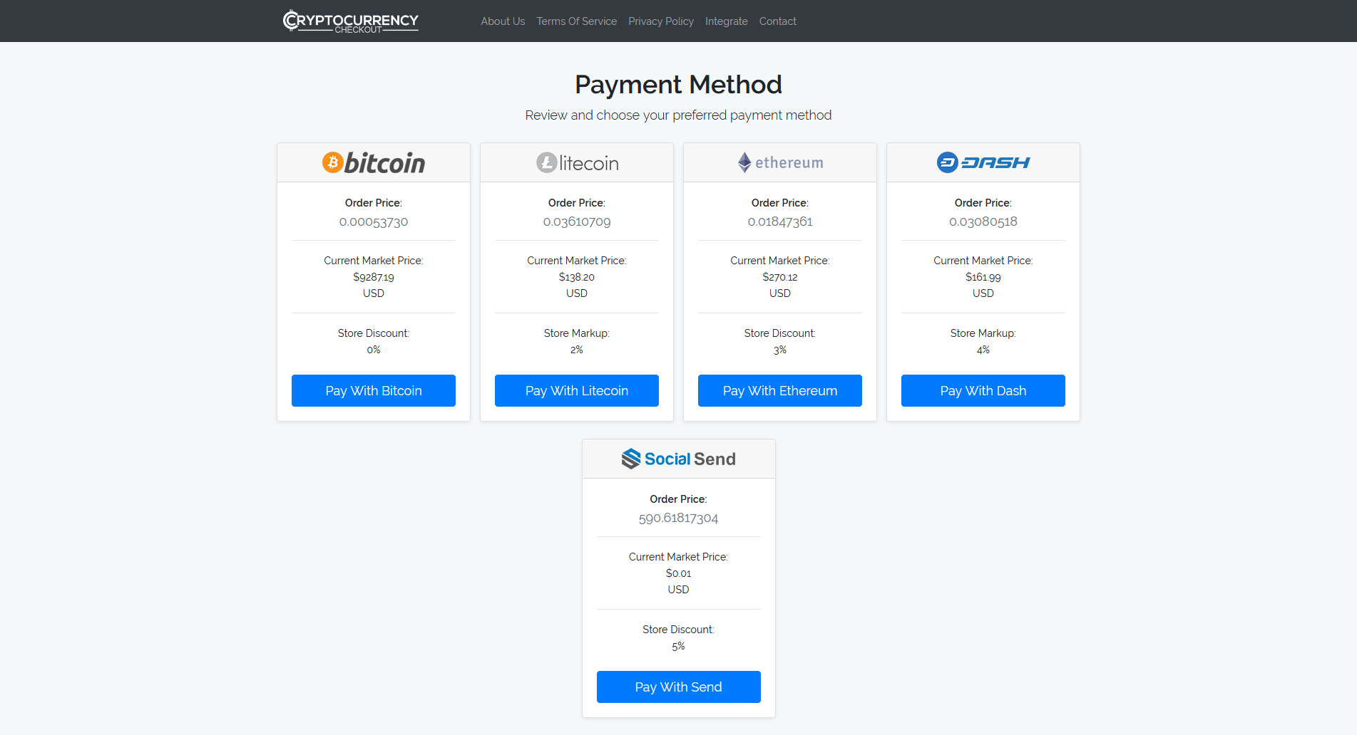 CryptocurrencyCheckout Select Payment Method Page Example.