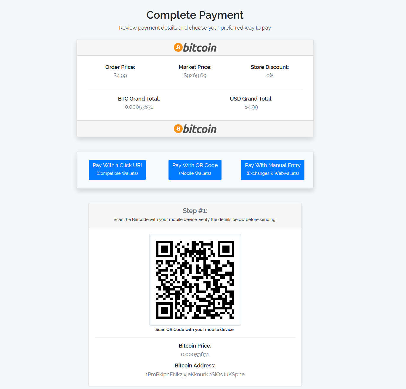 CryptocurrencyCheckout Complete Payment Page Example.