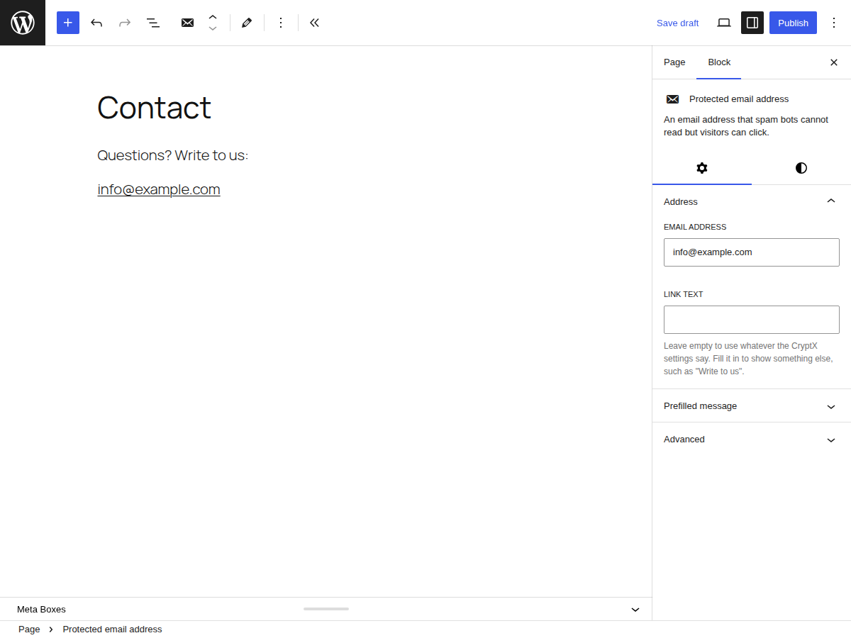 The "Protected email address" block in the editor, with its link text and prefilled message.