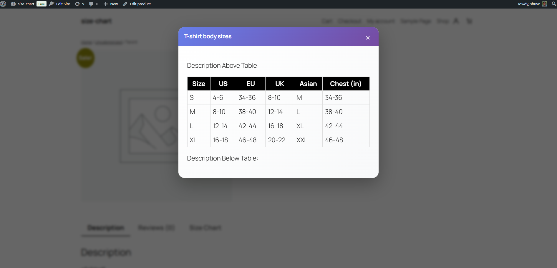 Product size chart display
