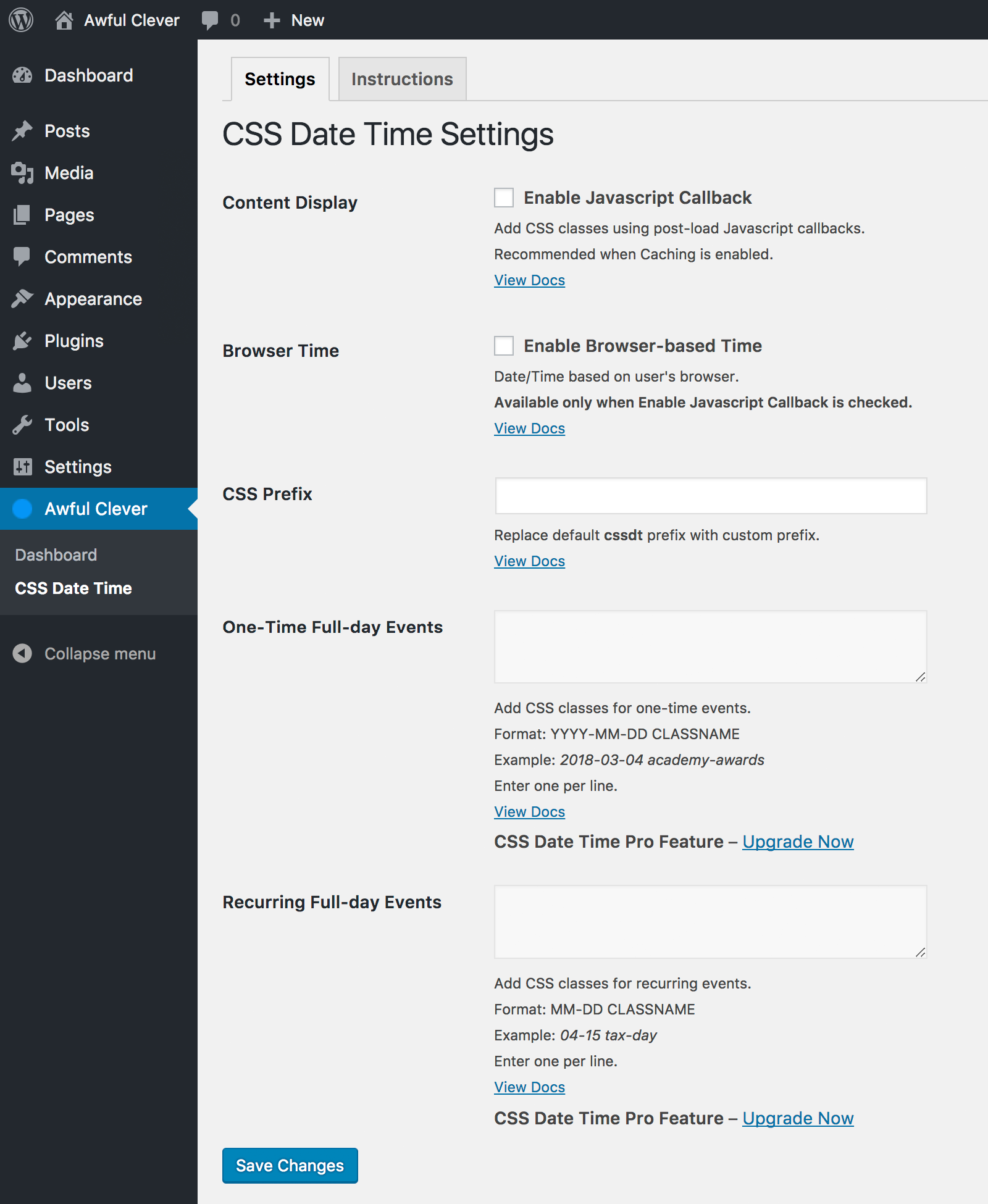 CSS Date Time Settings