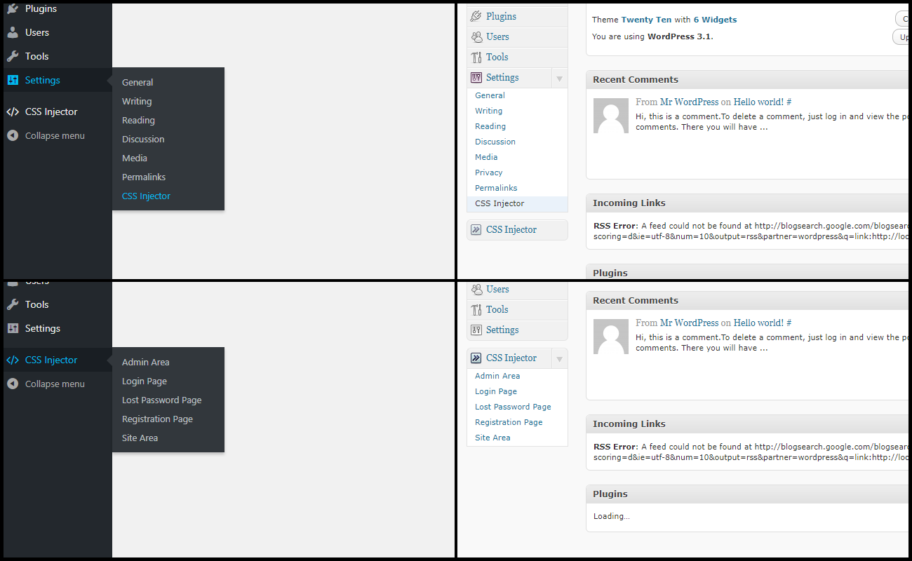 Easy navigation in old and new WordPress versions (4.8.1 on left, 3.1 on right).
