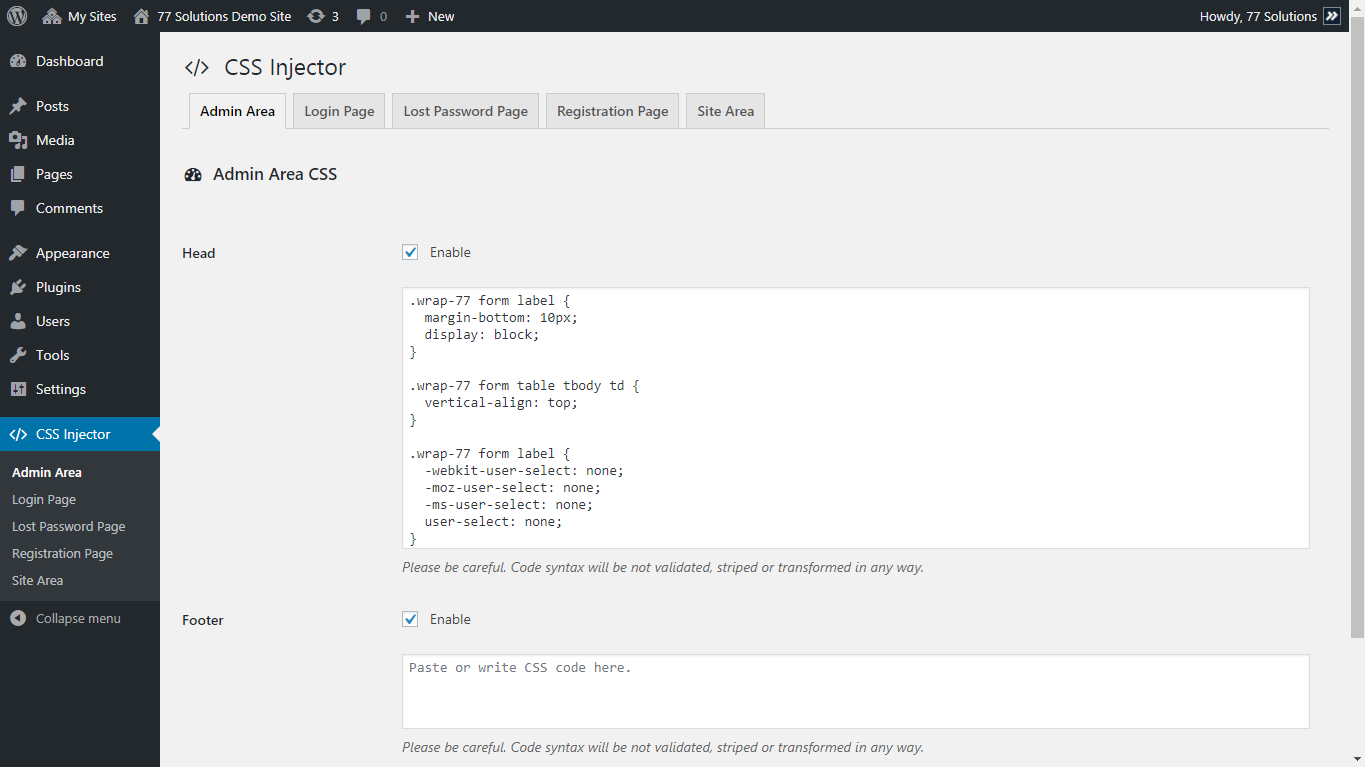 Dashboard custom CSS configuration (Desktop, Screen resolution: 1366x768, WP Version: 4.8.1).