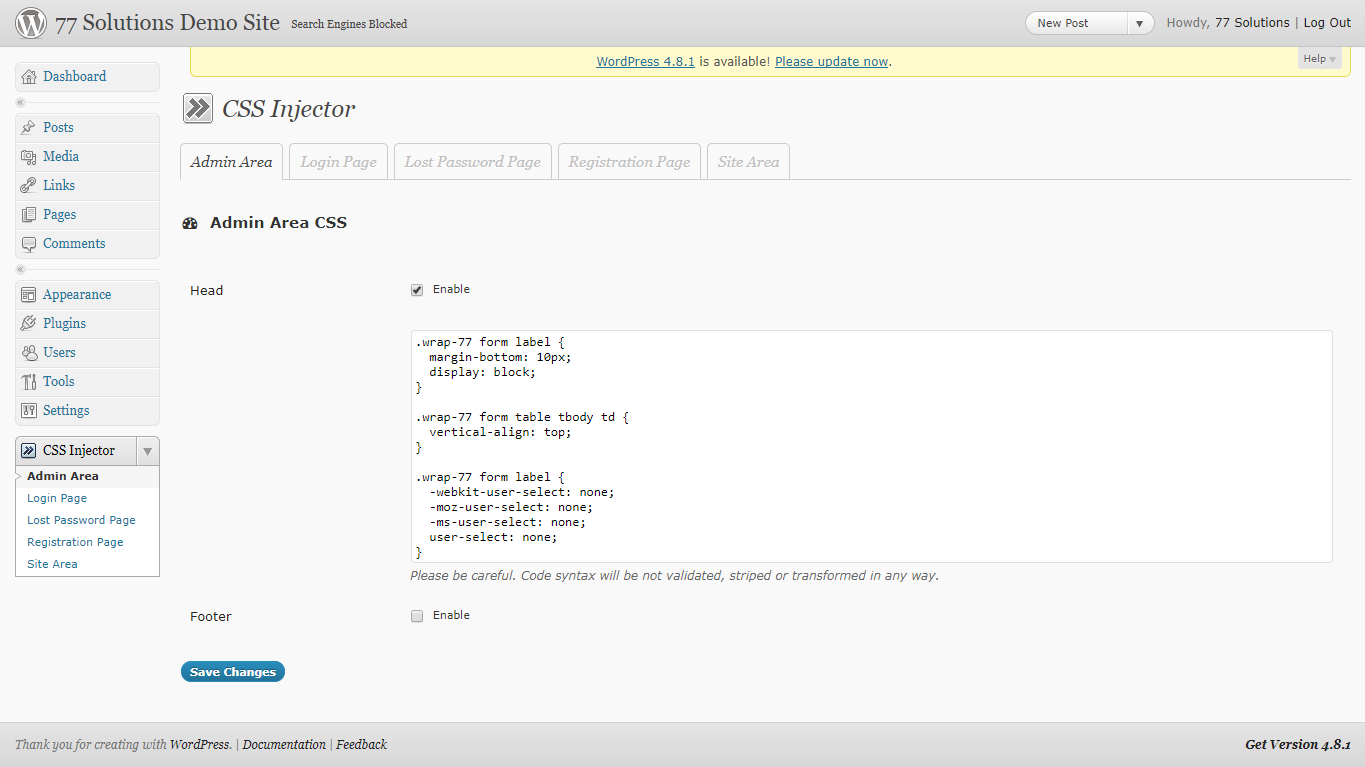 Dashboard custom CSS configuration (Desktop, Screen resolution: 1366x768, WP Version: 3.1).