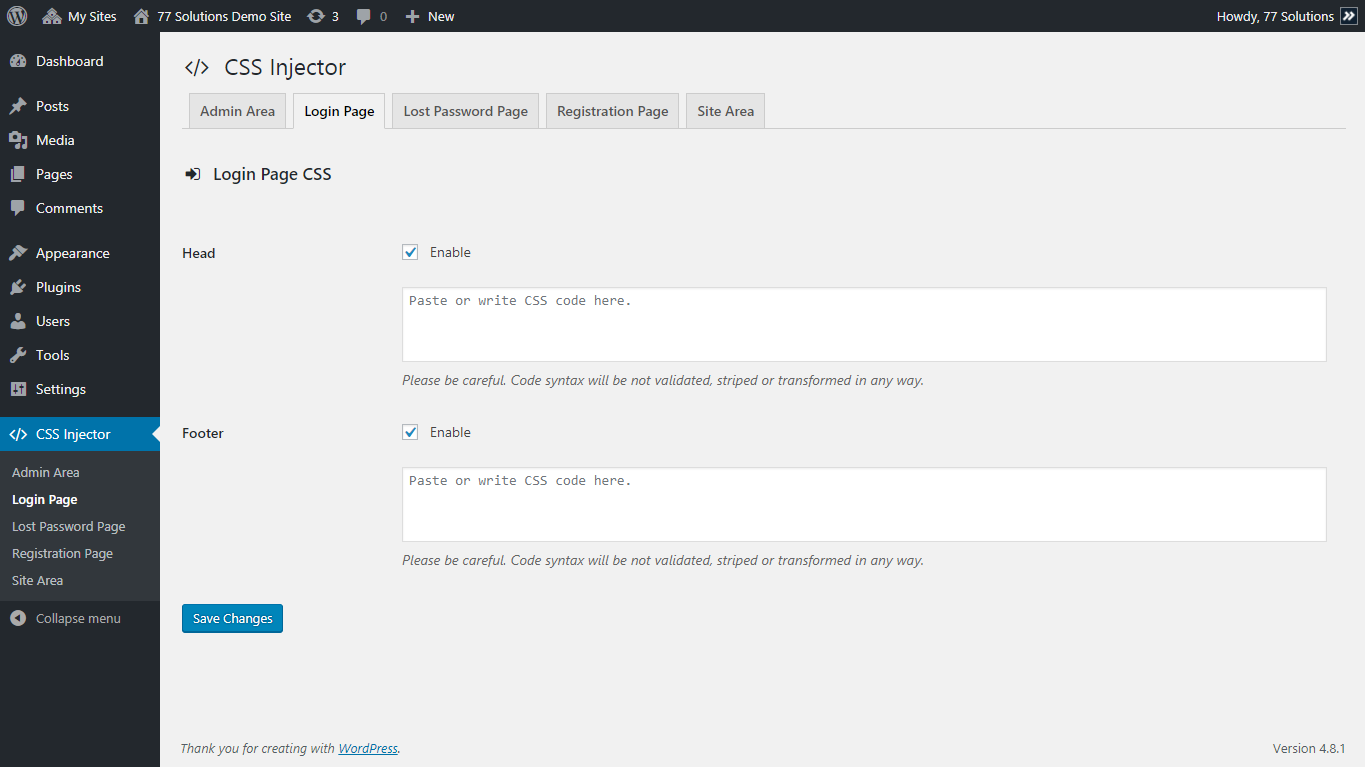 Login Page custom CSS (Desktop, Screen resolution: 1366x768, WP Version: 4.8.1).