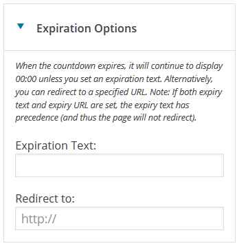 The `Expiration Options` section where you can add an expiry text *or* a redirect URL.