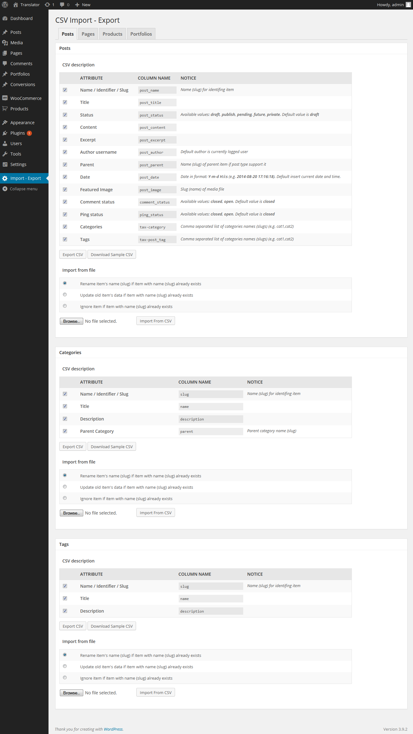 Import-Export Page - Back end