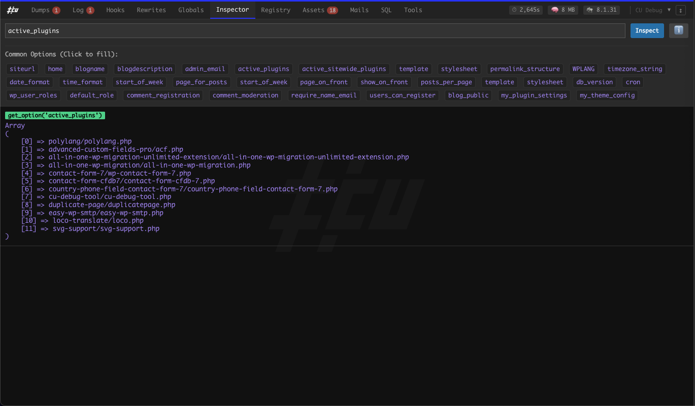 **Inspector** - Easily check any options from your WordPress database.