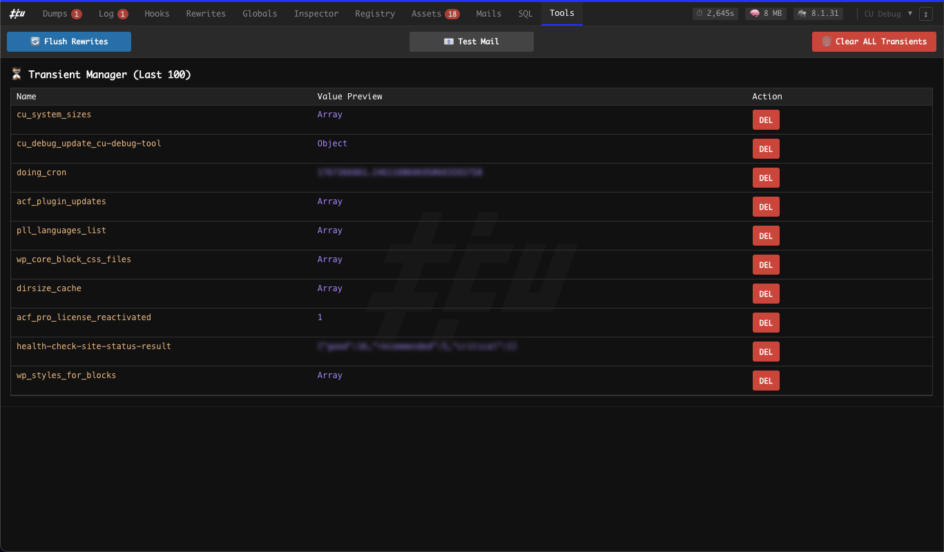 **Tools** - Administrative utilities to flush rewrite rules, manage Transients, and send test emails.