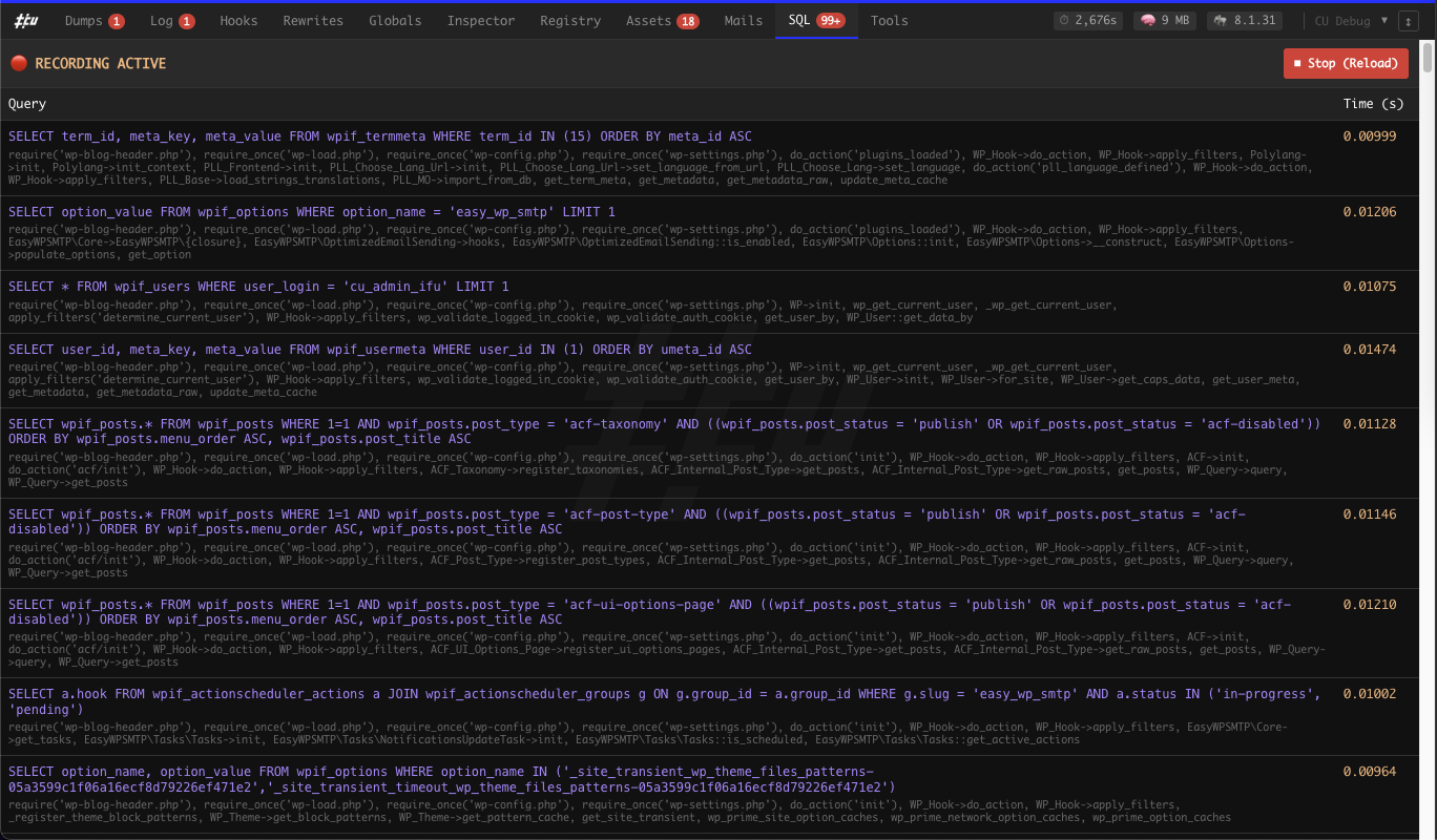 **SQL Monitor** - Real-time analysis of executed database queries with a toggle to enable recording only when needed.