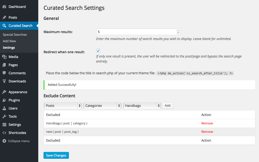 The plugin settings screen. Set a maximum number of search results for all searches, redirect the user for searches with a single result, and batch exclude content based on post type and taxonomy.
