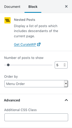 Configuration options available in the Gutenberg block.
