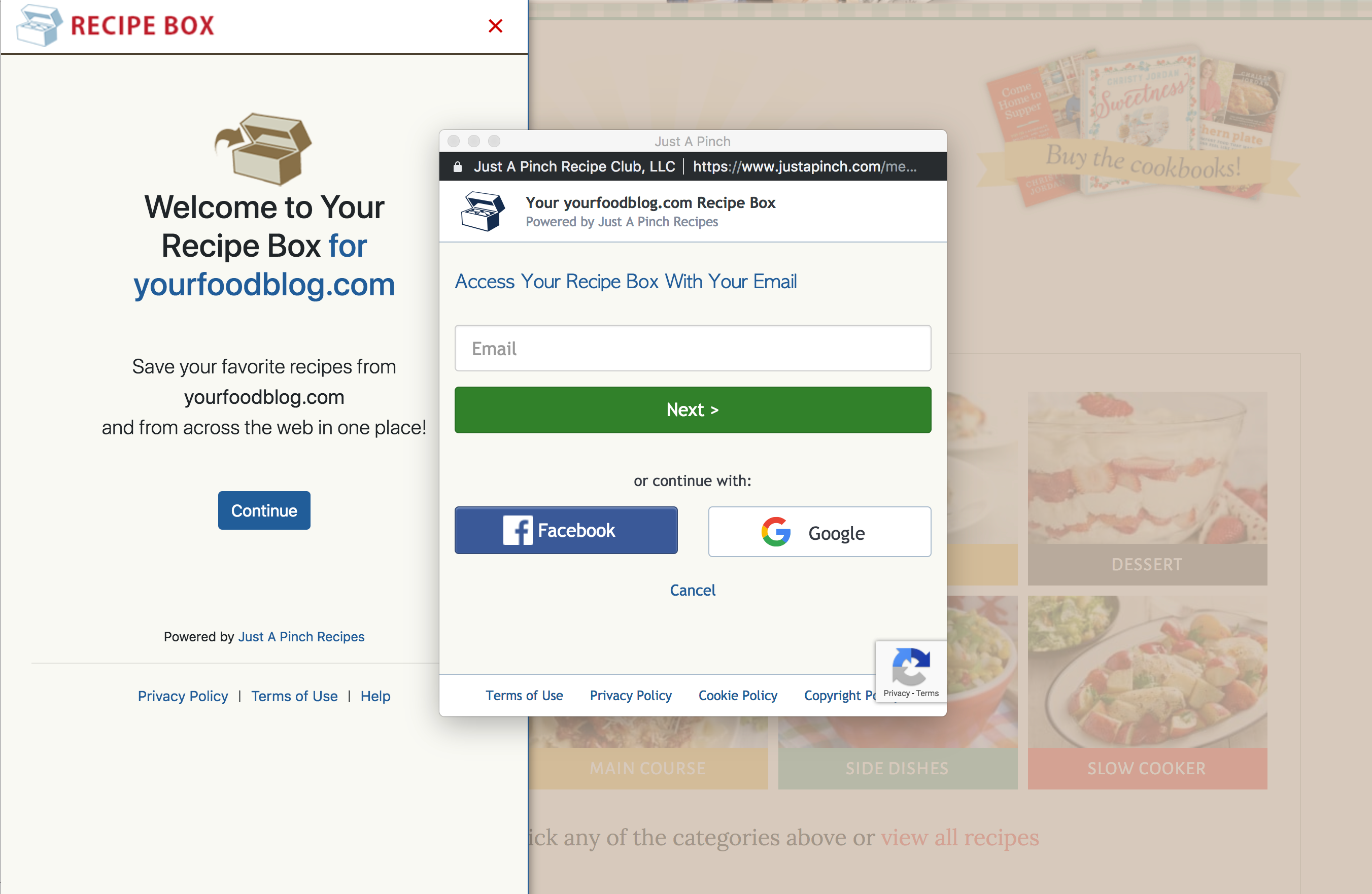 Powered by Just A Pinch Recipes, simple sign-up/login enable readers to save and organize your recipes.