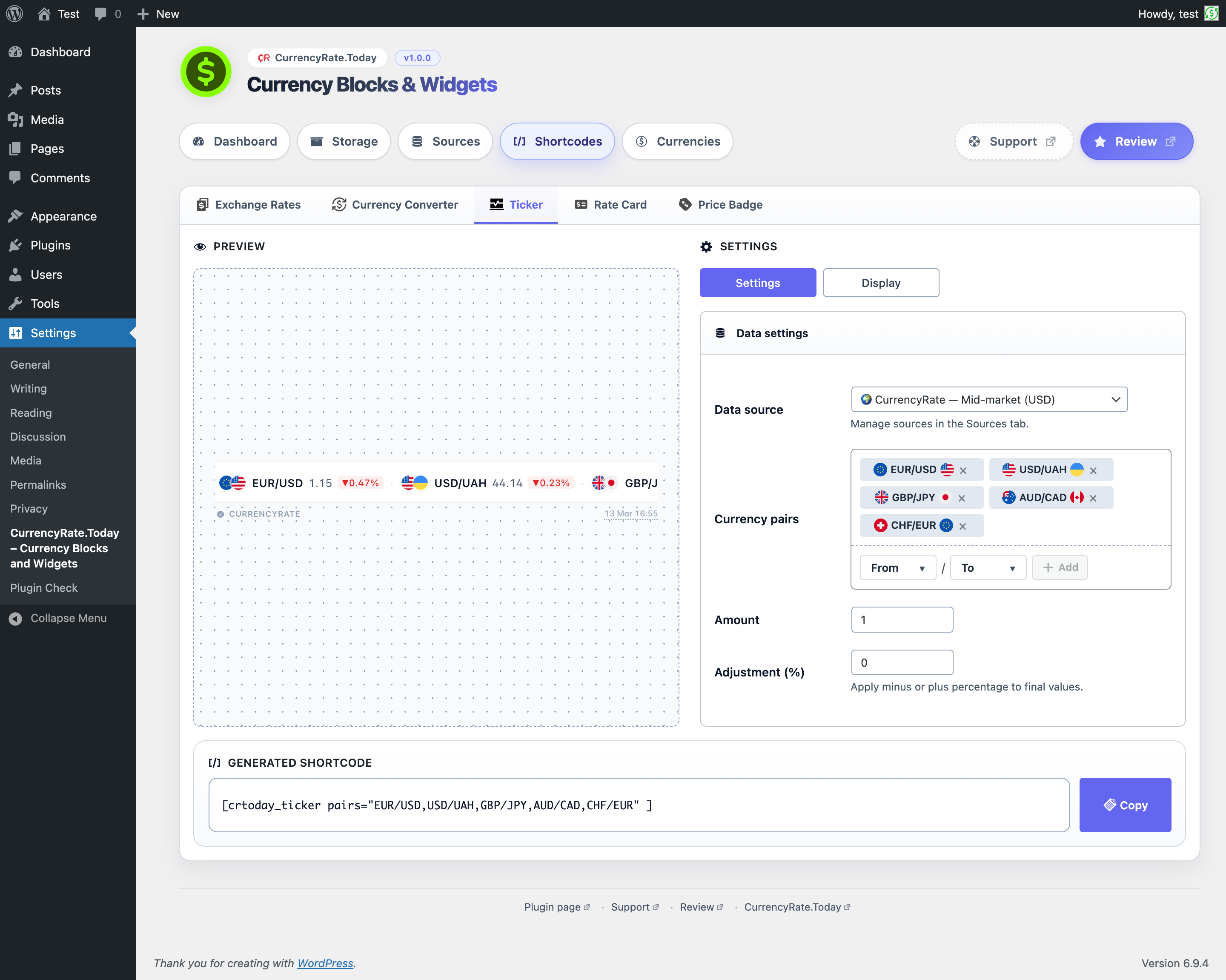 Highlight a key currency pair and its 24-hour trend in your sidebar or footer with the Exchange Rate Card.