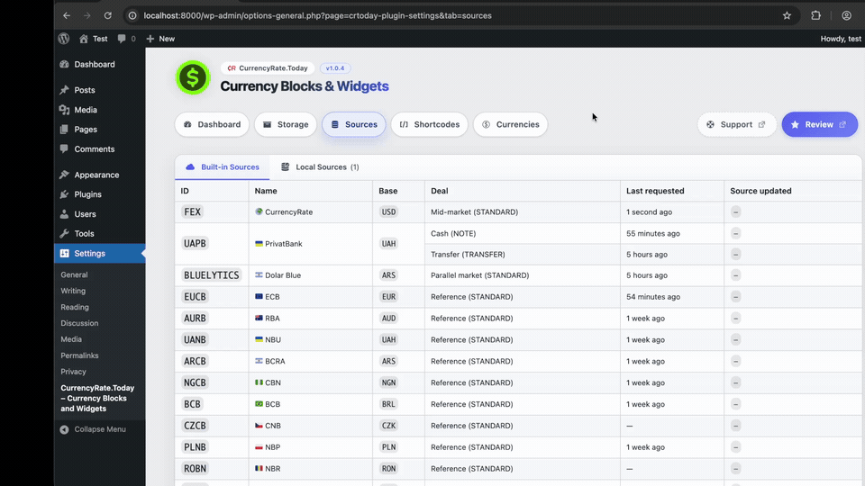 Exchange Rates shortcode builder with real-time preview and instant shortcode generation.