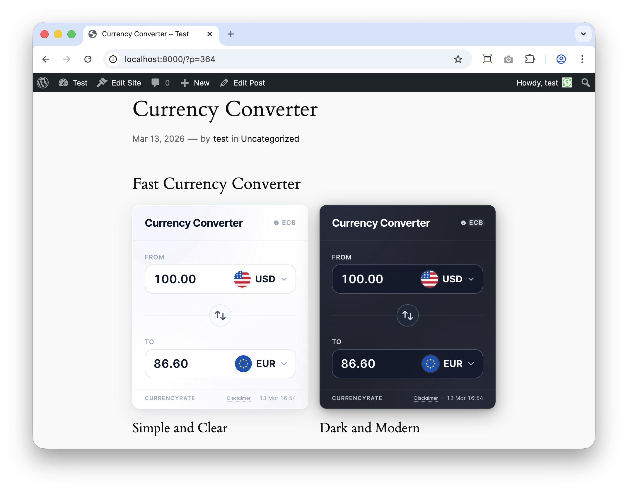 Exchange Rates shortcode builder with real-time preview and instant shortcode generation.