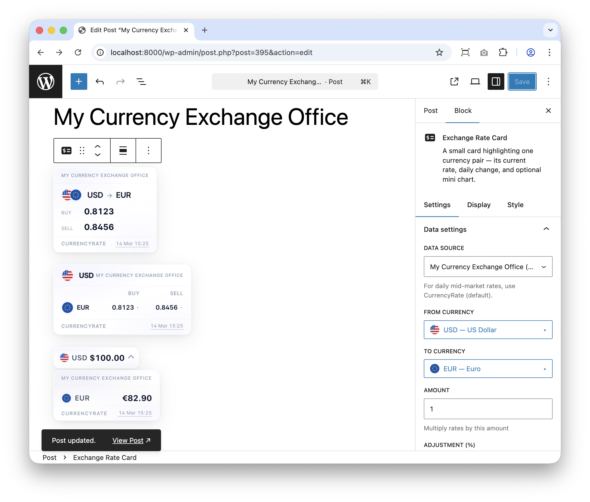 Rate Card builder with chart preview, display settings, theme controls, and compact layout options.