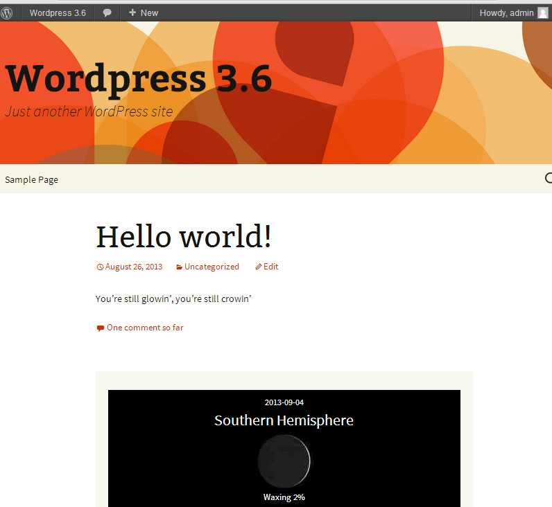 Current Moon widget for Southern Hemisphere as seen in WordPress 3.6 bottom bar.