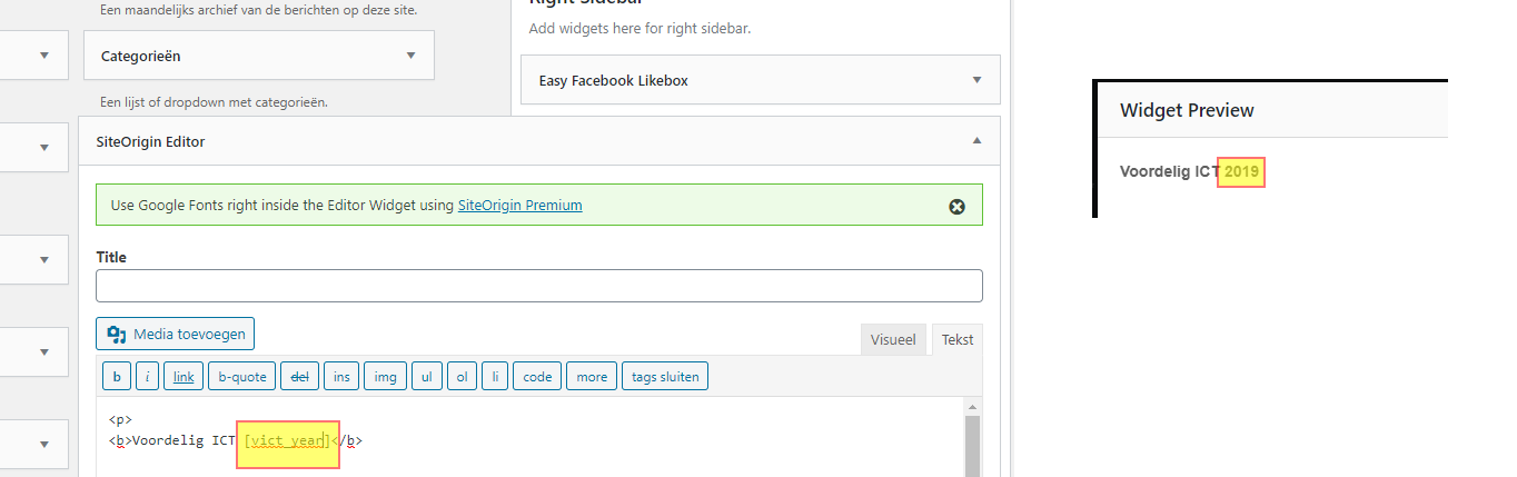 Example of shortcode in Widget menu and front-end view.