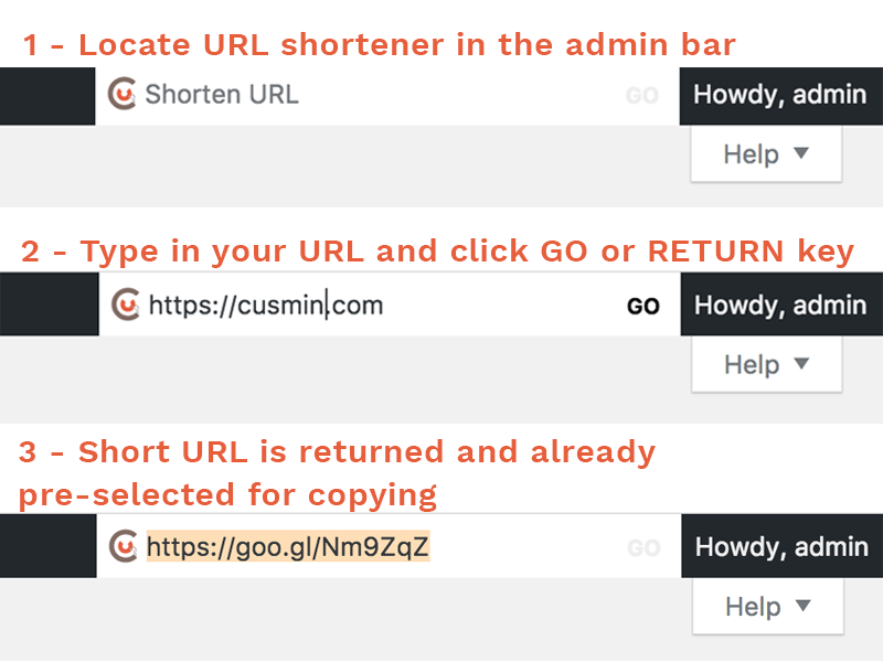 Cusmin Admin Bar URL Shortening Helper, available on all admin pages
