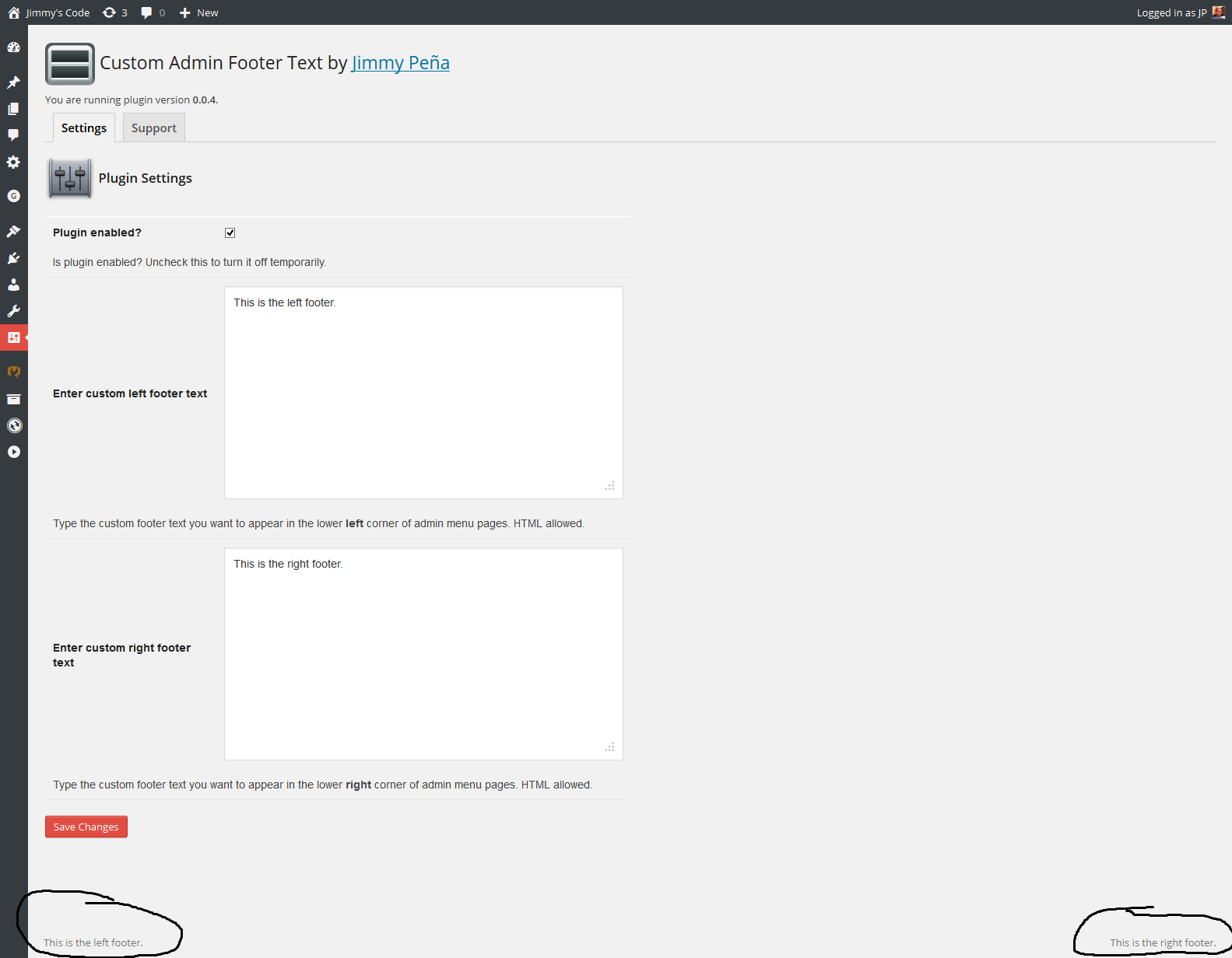 Plugin settings page where you can see the text entered and how it appears in the footer.