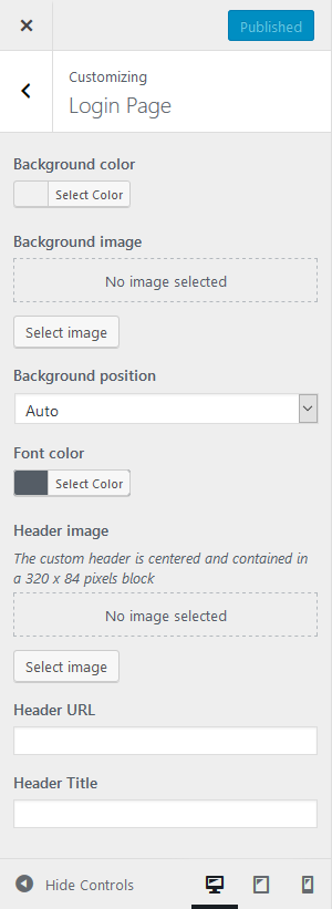 Theme Customization login page options.