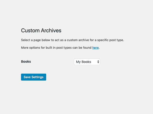 The custom archive settings page within the dashboard.