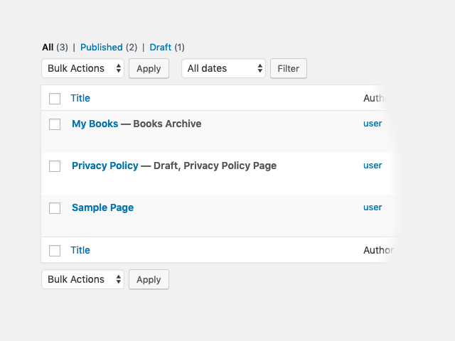 Viewing the custom archive page in the page list table.