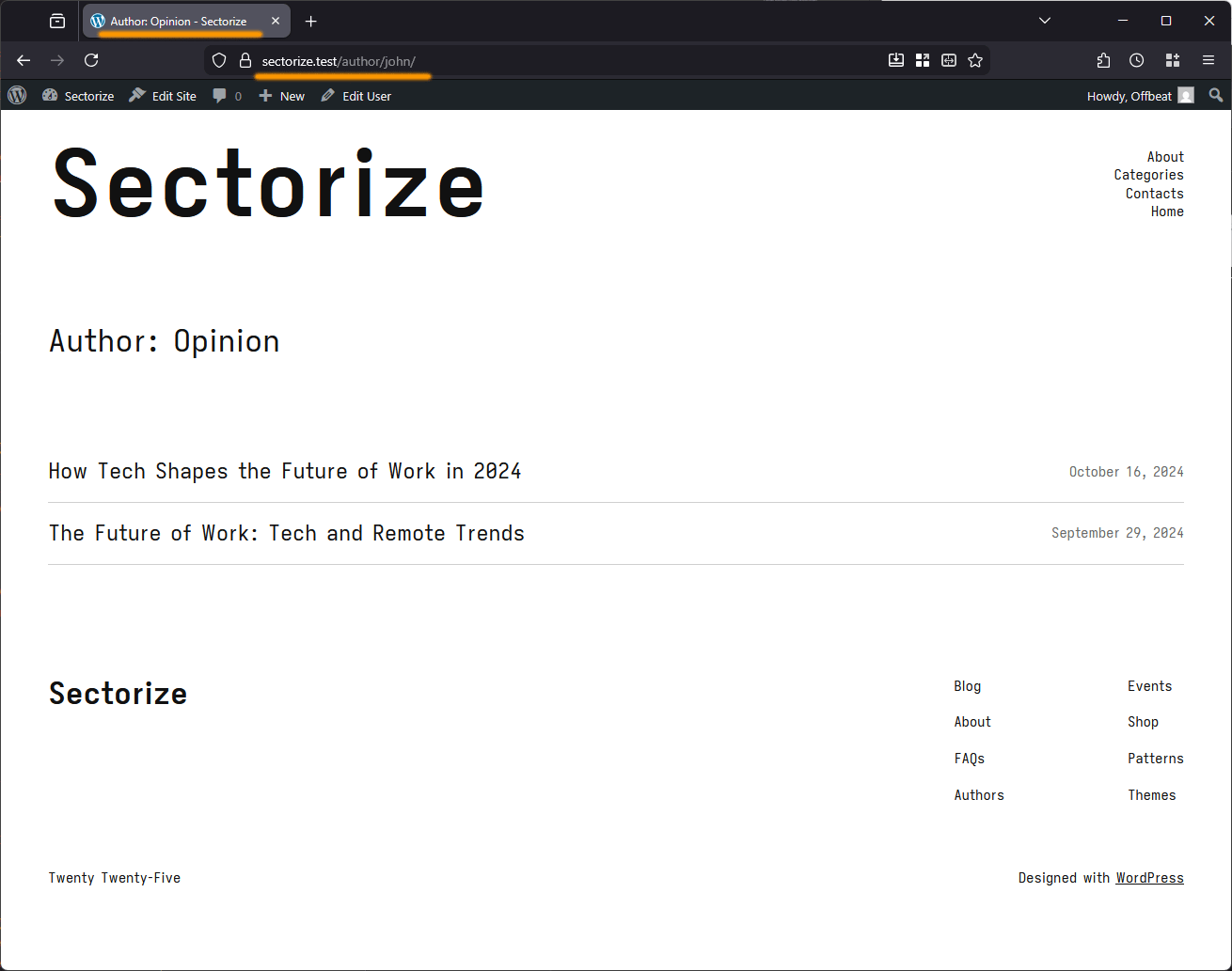 Native WordPress author archive (`/author/john`) before Sectorize is installed.