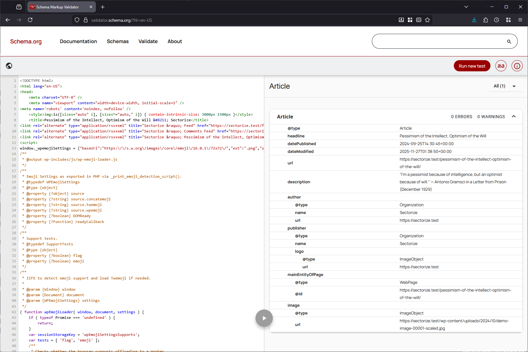 Single post showing Sectorize sector slug with schema.org validation.