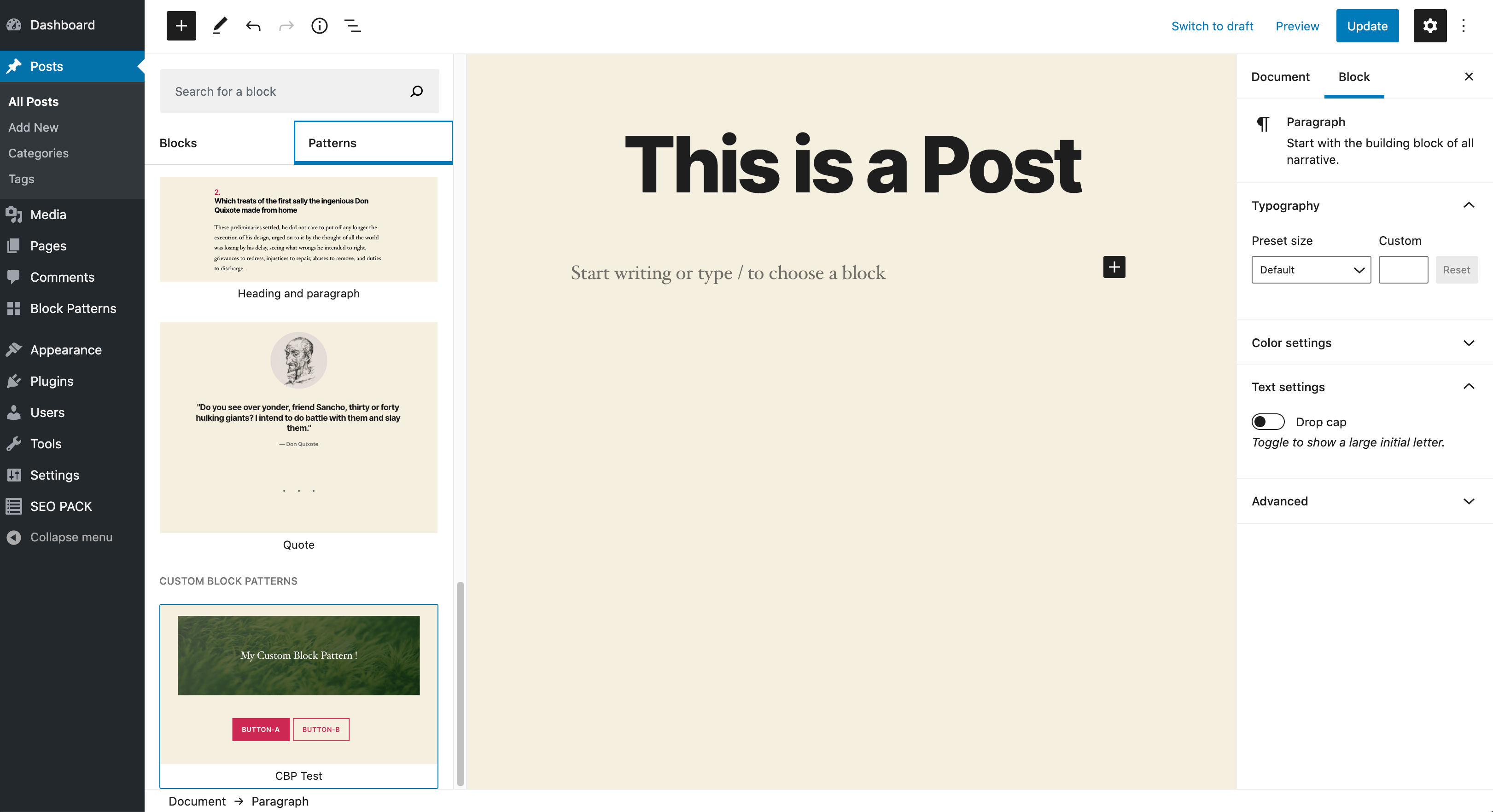 Search block patterns from regular posts.