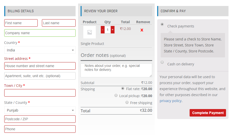 frontend checkout page 3-column-layout