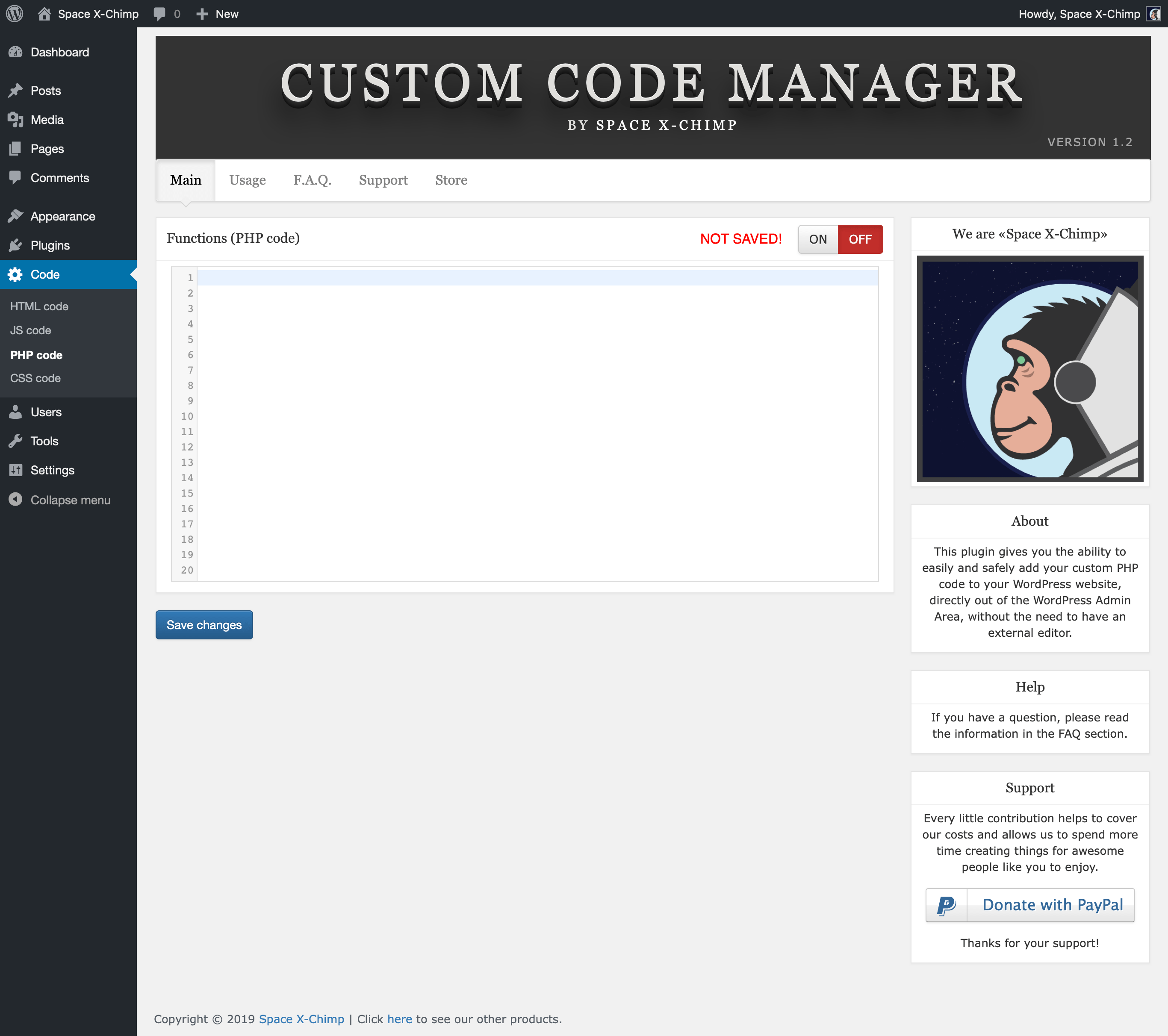 Plugin page with custom PHP code added.