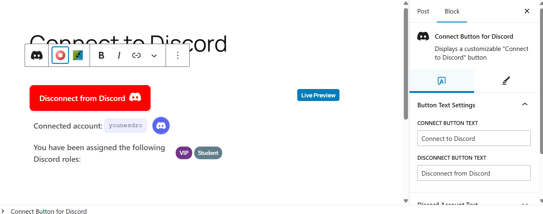 Live preview for connected user to Discord