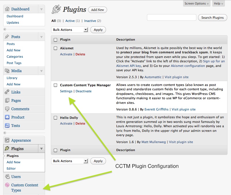 After activating this plugin, you can create custom content types (post types) by using the configuration page for this plugin. Click the "Custom Content Types" link under the Settings menu or click this plugin's "Settings" shortcut link in on the Plugin administration page.