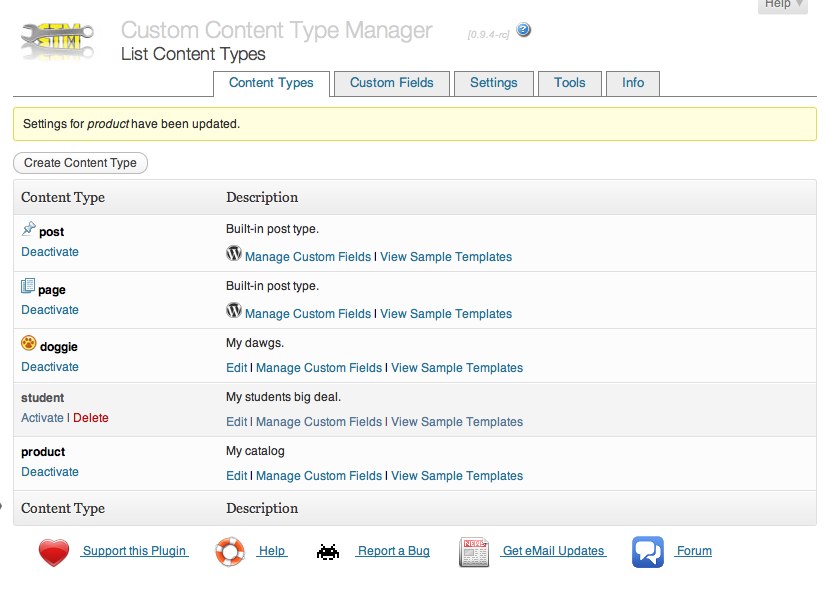 You can list all defined content types (a.k.a. post-types) by clicking on the "Custom Content Types" menu item.